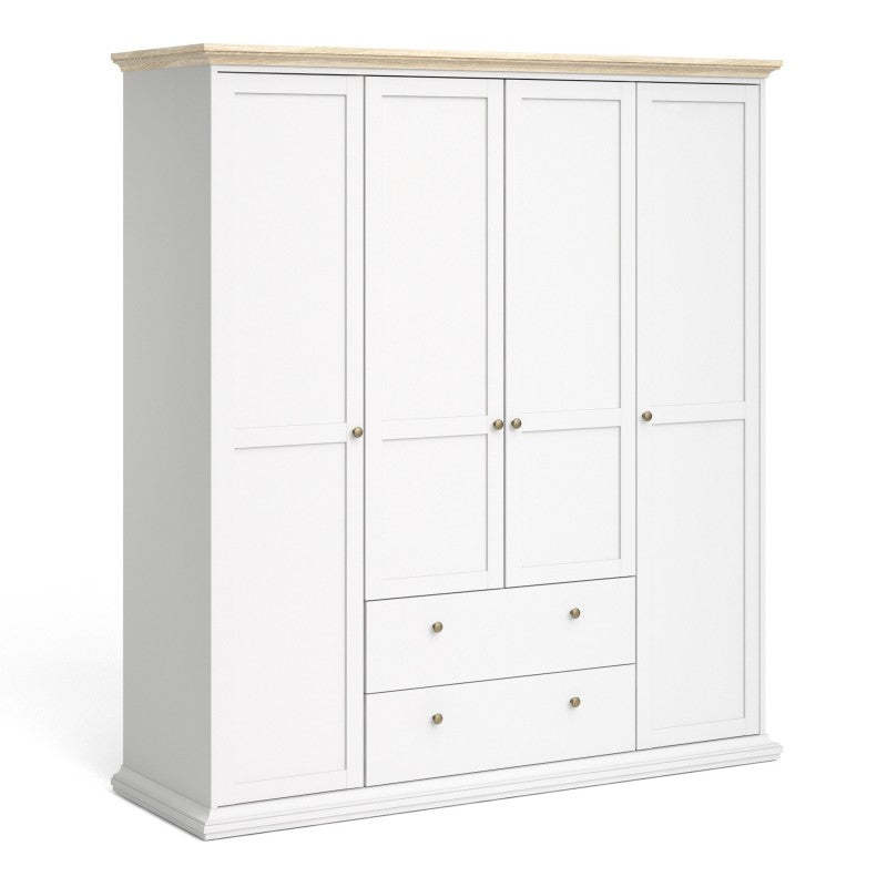 Paris Wardrobe with 4 Doors & 2 Drawers in White and Oak