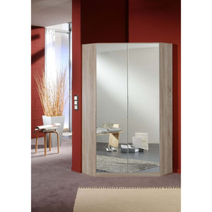 Hanzil White Gloss And Oak Effect 2 Door Corner Mirrored Wardrobe
