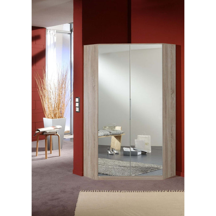Hanzil White Gloss And Oak Effect 2 Door Corner Mirrored Wardrobe