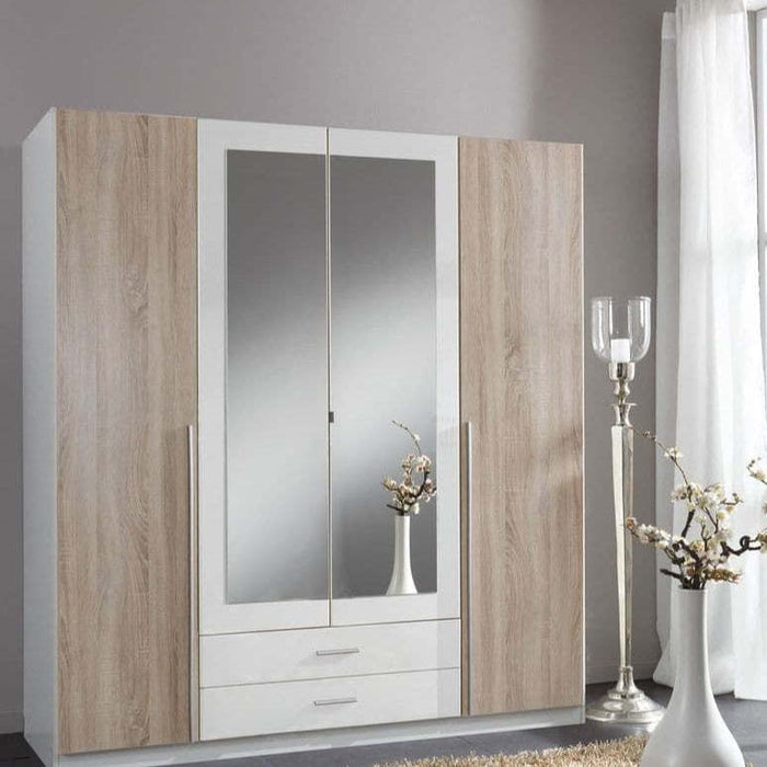 Hantic White and Oak Effect 4 Door / 2 Drawer Wardrobe